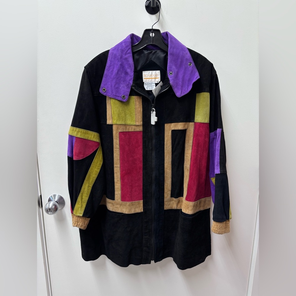 Vintage 1980s Roaman's Color-Block Long Suede Geometric Jacket